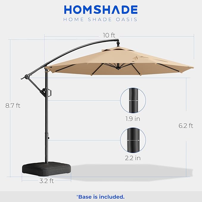 HOMSHADE 10ft Patio Umbrella with Base Included, 8-Year-Non-Fading Cantilever Umbrella with Solution-Dyed Acrylic Fabric, UPF50+ UV Protection with Easy Tilt and Crank for Pool Deck and Garden(Buff)