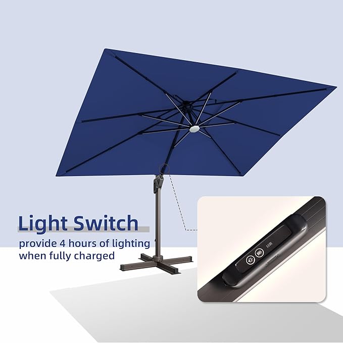9 X 12 FT Cantilever Outdoor Patio Umbrella with LED Lights Large Heavy Duty 360° Rotation Double Top Offset Rectangular Umbrellas for Backyard Garden Pool Outside Deck, Navy