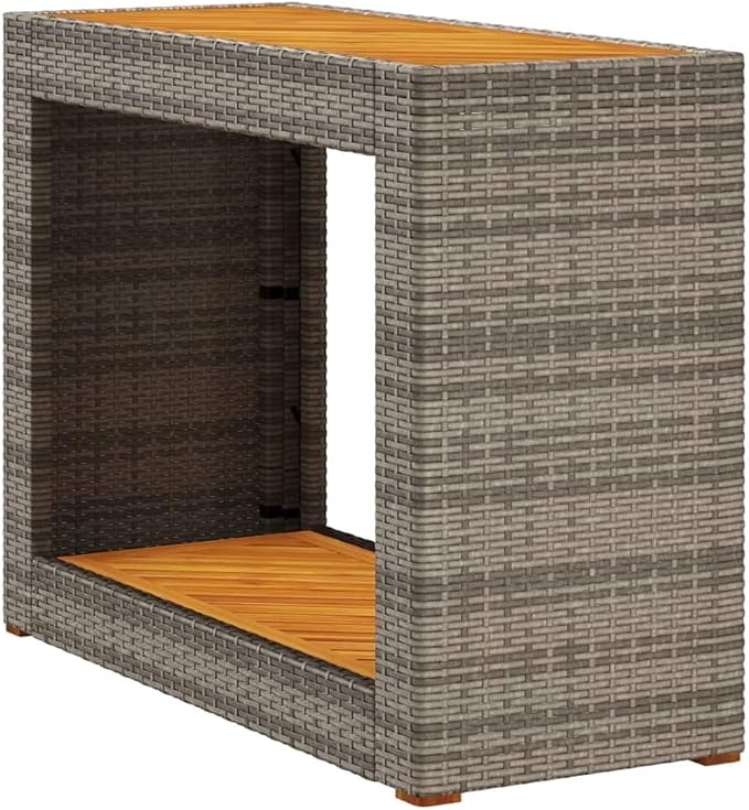 Outdoor Garden Side Table, Rectangular Acacia Wood and PE Rattan Table for Patio, Backyard, and Terrace, Grey and Brown, 39.4 x 15.7 x 29.5 Inches