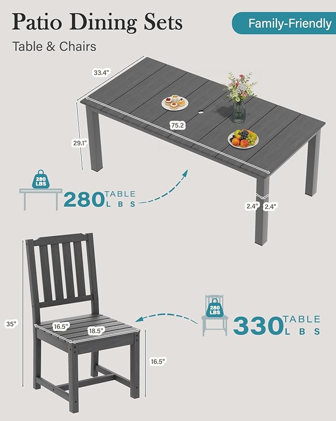 LOUNZY 9 Pieces Patio Dining Sets, Outdoor HDPE Furniture Set for 8 w/ 2" Hole Cut-Out Dining Table with 8 Patio Chairs(2 W/Armrest, 6 w/o Armrest), Gray