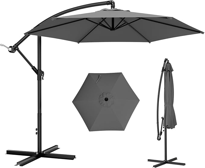 AreShark 10FT Patio Outdoor Umbrella, Offset Patio Umbrella Cantilever Umbrella, 6 Sturdy Ribs, Easy Adjustment for Garden Market Pool with Cross Base (Gray)