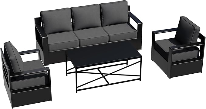 Outdoor Aluminum Furniture Set, 4-Piece Patio Conversation Set, 2 Chairs, 1 Sofa and 1 Table, All-Weather Metal Frame, 6" Thick Removable Cushions, Deep Setting for Garden, Poolside and Porch