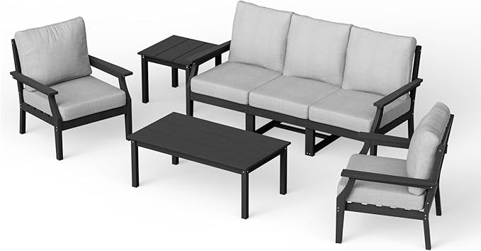 HDPE Patio Conversation Set, 7-Piece All Weather Outdoor Furniture Set with 2 Single Armchairs for Deck, Lawn, with Cushion, Black