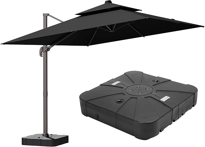 9x12FT Black Cantilever Outdoor Patio Umbrella with Base, Large Rectangular Offset Design, Double Top Heavy Duty Aluminum Frame & 360° Rotation for Pool Garden Deck Backyard