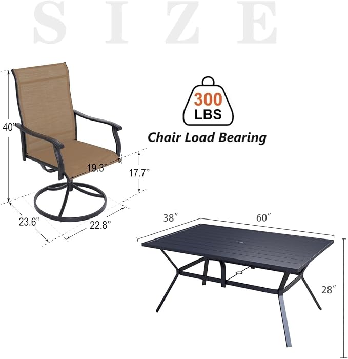 Anmutig 7 Pieces Outdoor Patio Dining Set 6 Swivel Patio Dining Chairs Textilene & 1 Rectangle Outdoor Dining Table for Backyard Bistro Garden Outdoor Furniture Set Brown