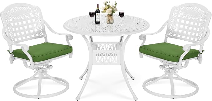 VIVIJASON 3-Piece Patio Bistro Set, Outdoor All-Weather Cast Aluminum Furniture Dining Set, Include 2 Swivel Rocker Chairs and 35.4" Round Table w/Umbrella Hole for Balcony, Lawn, Garden, White