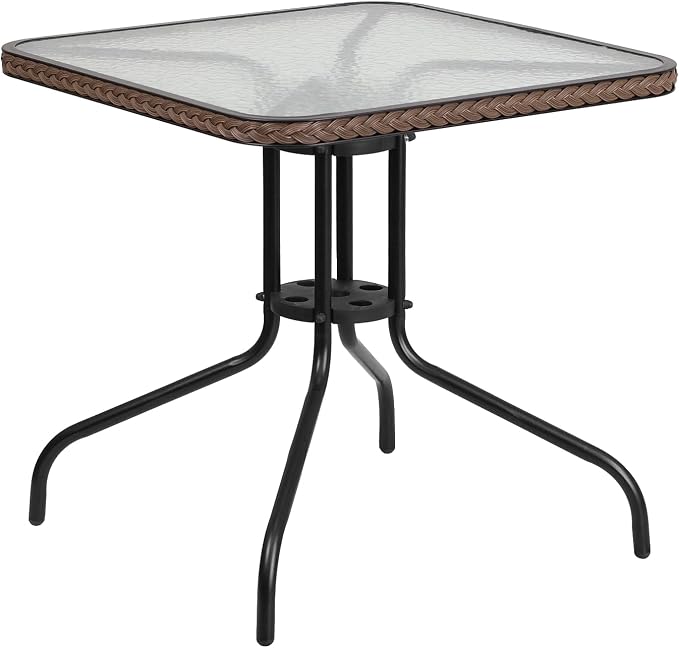 Flash Furniture Lila 28'' Square Glass Metal Table with Dark Brown Rattan Edging and 4 Dark Brown Rattan Stack Chairs