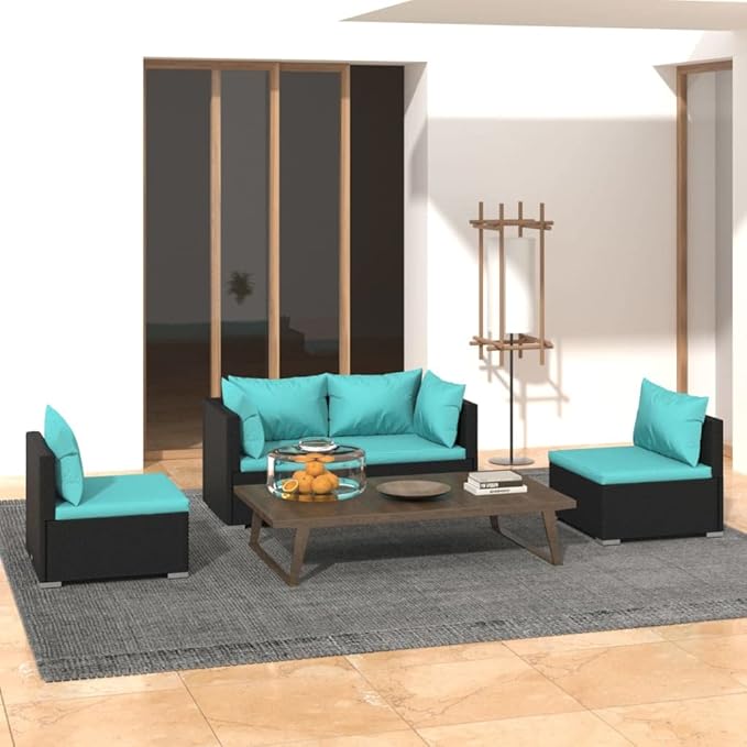 4 Piece Patio Lounge Set with Cushion, Furniture Conversation Sets Piece Patio Set Patio Lounge Set Outdoor Patio Sectional s Poly Rattan Black