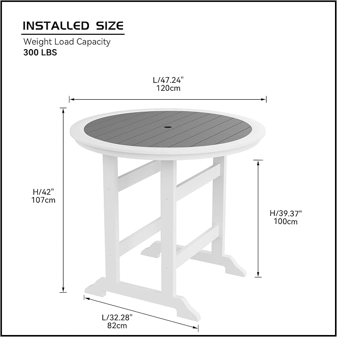 Outdoor Bar Table, Counter Height Round High Top Pub Table with 1.96" Umbrella Hole for Backyard Deck Balcony Front Porch White & Grey