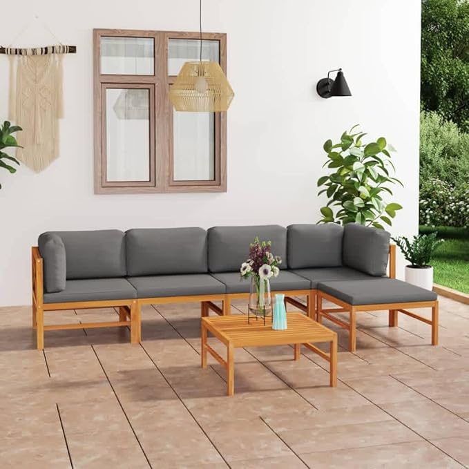 Backyard Furniture Patio Conversation Sets Outdoor Seating 6 Piece Patio Lounge Set with Gray Cushions Solid Teak Wood Suitable for Swimming Pool, Courtyard, Garden
