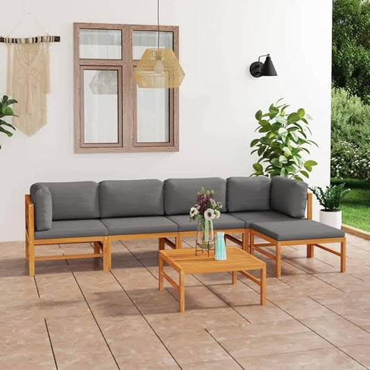Backyard Furniture Patio Conversation Sets Outdoor Seating 6 Piece Patio Lounge Set with Gray Cushions Solid Teak Wood Suitable for Swimming Pool, Courtyard, Garden