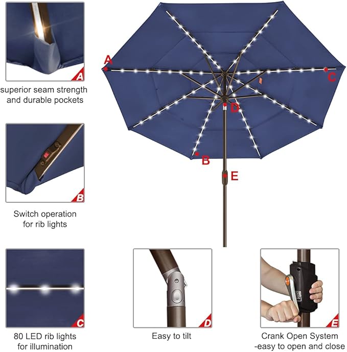 EliteShade USA 10-Year-Non-Fading 9ft 3-Tier Market Patio Umbrella, Commercial Table Umbrella with 80 Solar LED Lights, Crank Open, Windproof & UPF 50+ UV Protection for Garden, Deck, Pool, Backyard, Navy Blue