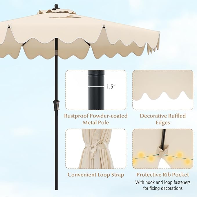 Tangkula 9Ft Patio Umbrella with Crank, 2-Tier Outdoor Umbrella with Push Button Tilt, Sun-Protective Canopy, 8 Ribs, Scalloped Patio Umbrella for Outdoor Beach Deck Pool Table (Beige)