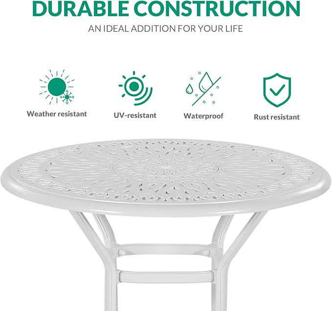 VIVIJASON 35.4" Patio Height Bar Table, All-Weather Cast Aluminum Bar Bistro Table Outdoor Patio Round Dining Table with Umbrella Hole for Balcony, Lawn, Garden, Backyard, White