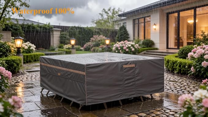 Heavy Duty Waterproof Patio Furniture Covers UV Resistant Rectangular Outdoor Table and Chair Covers 128" Wx 82" D x 28" H Dark Grey