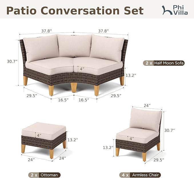 PHI VILLA 8-Piece Half-Moon Patio Furniture Set, Outdoor Wicker Sectional Sofa with Thick Beige Cushions, 2 Ottomans, Large Curved Conversation Seating for Garden or Backyard