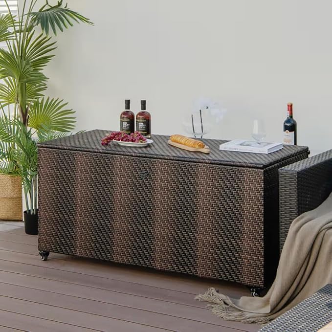 96 Gallon Outdoor Wicker Storage Box, Waterproof Deck Box with Wheels & Gas Strut, Weather Resistant Patio Container for Cushions, Tools, Garden