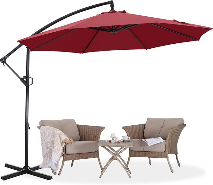 ABCCANOPY 10FT Cantilever Patio Umbrella with base included, 360° Rotation Outdoor Offset Umbrella for Backyard, Deck, Poolside (Burgundy)