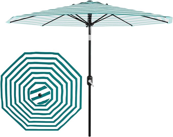 Garvee 9FT Outdoor Patio Umbrella 8 Sturdy Ribs Outdoor Table Umbrella with Crank Lift & Push Button Tilt UV Protection Waterproof Market Umbrellas for Pool Deck Yard, Turquoise & White Stripes