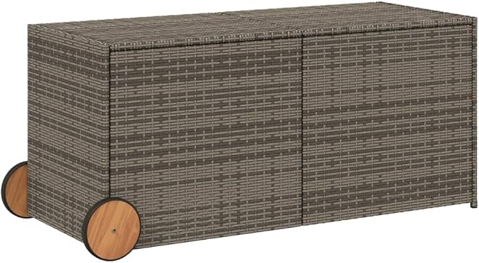 Large Garden Storage Box with Wheels, 283L Weather-Resistant Outdoor Deck Bin for Patio Cushions, Blankets, and Pool Supplies, Grey Synthetic Poly Rattan