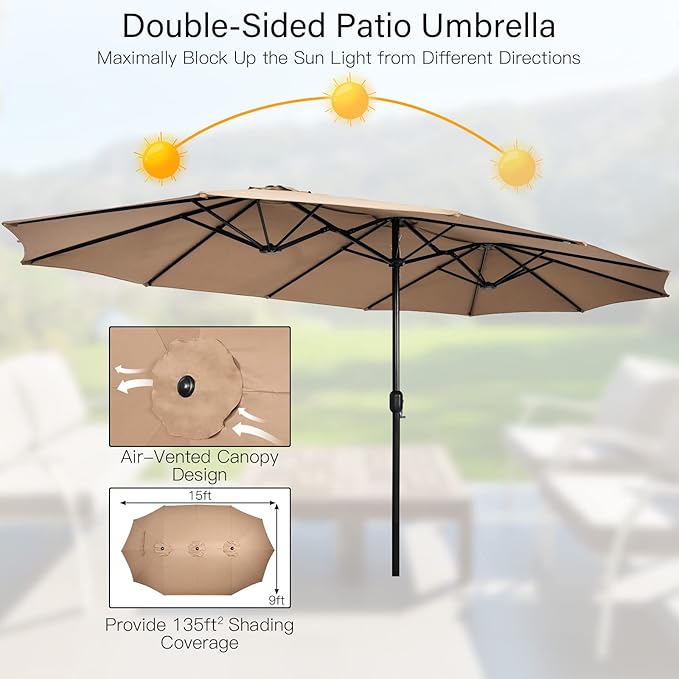 Tangkula 15FT Double-Sided Patio Umbrella with Base, Extra-Large Market Umbrella W/Crank System, Outdoor Twin Umbrella W/ 12-Rib Metal Structure & Air Vents for Garden, Backyard, Poolside (Tan)