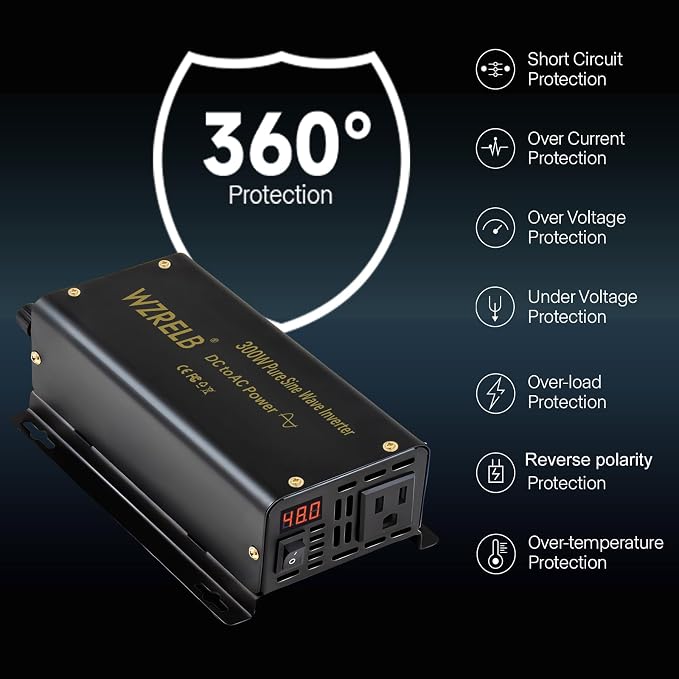 WZRELB 300W Pure Sine Wave Inverter 600W Peak DC 48V to 110V AC Power Converter Off Grid LED Display with Remote Controller