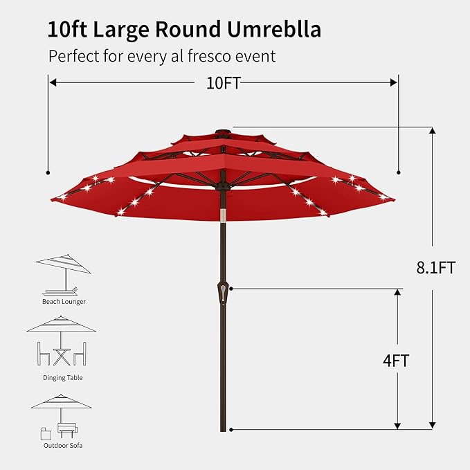 Kingdura 9ft 3-Tier Patio Umbrella with Solar Lights, Table Umbrella Outdoor Patio with Easy Crank & Tilt, 8 Sturdy Ribs, UV Protection, 32 LED Lights for Deck, Poolside, Market (Red)
