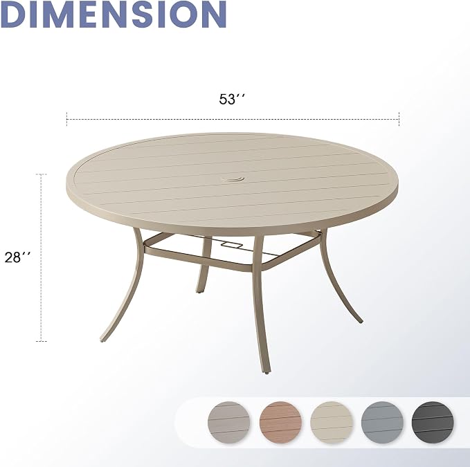 VICLLAX 53" Round Patio Table, Outdoor Dining Table for 8 with Umbrella Hole for Garden Lawn Deck Backyard, Sandshell