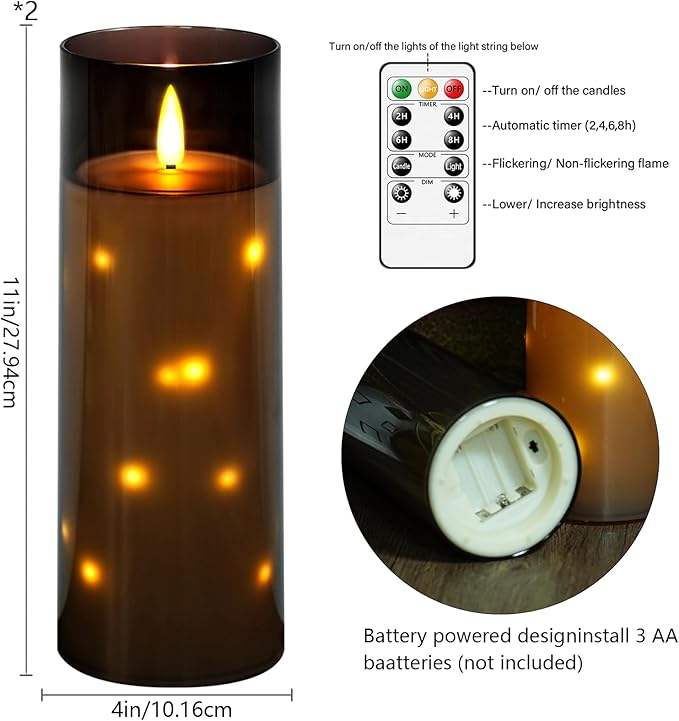 kakoya 11" x 4" Large Outdoor Waterproof Flameless LED Candles with Remote and Timer,Acrylic Pillar Candles Battery Operated with Embedded Star String for Porch,Patio,Outdoor Decor,Set of 2(Grey)