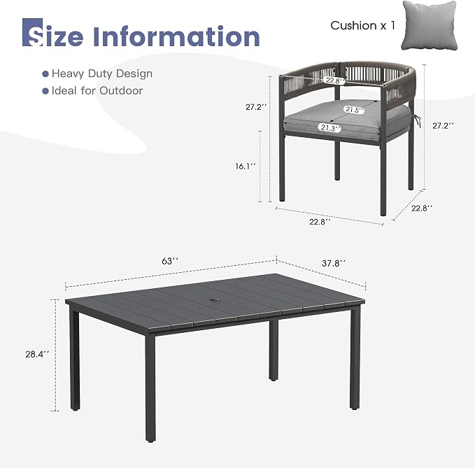 VICLLAX Patio Dining Set, 63" Black Table & 6 Chairs with Grey Cushion | Outdoor Table and Chairs Set of Rectangular Metal Patio Table, Outdoor Dining Chairs with Metal Frame, Garden Deck Porch