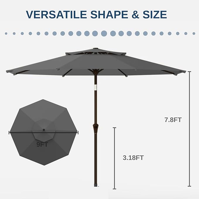 9FT Patio Umbrella 2-Tier Outdoor Market Table Umbrella with Push-Button Tilt & Crank | UPF 50+ & Waterproof for Backyard,Garden,Pool,Deck (Gray)