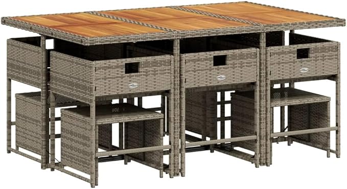 11 Piece Patio Dining Set, Grey PE Rattan Garden Table and Chairs Set with 6 Chairs, 4 Stools, Solid Acacia Wood Top Table and Navy Blue Cushions for Backyard Outdoor