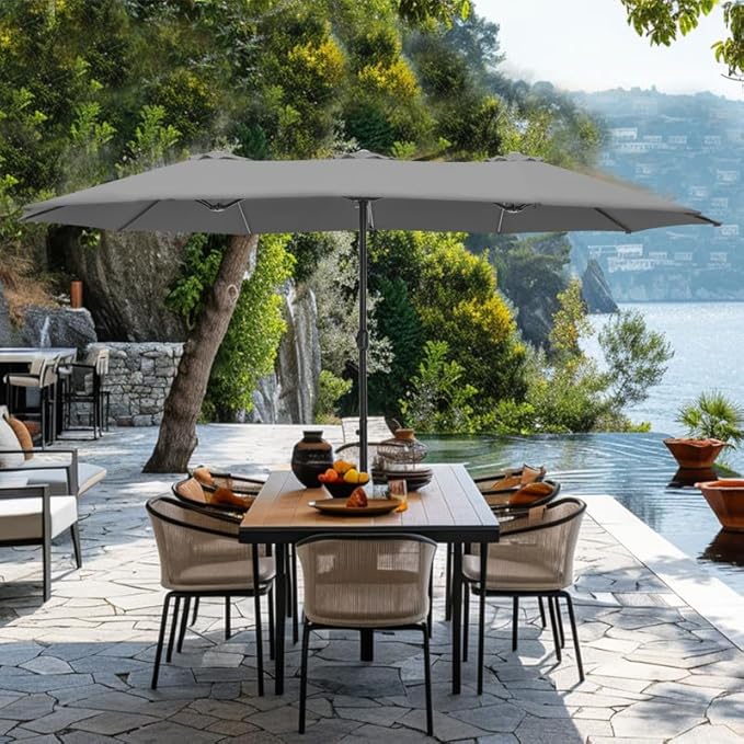 GREEN PARTY 15 ft Rectangular Patio Umbrella with Base Included, Large Double-Sided Outdoor Table Umbrella with Crank, 1.9" Pole UPF 50+ UV Resistant for Pool Deck Backyard Garden, Smoky Gray
