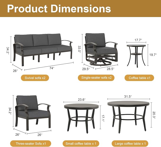 Aluminum Patio Furniture Set,7 Seats Outdoor Sectional with 2 Round Coffee Tables,Patio Conversation Sets w/5.1" Upgraded Thick Cushions for Backyard, Garden and Poolside,Black