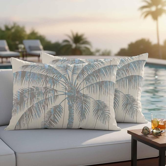 Pack of 2 Blue Beige Palm Tree Outdoor Pillow Covers Decorative, Summer Tropical Botanical Waterproof Pillow Protector, Vintage Lumbar Throw Pillowcases for Patio Couch Sofa Home Decor 20"x12"