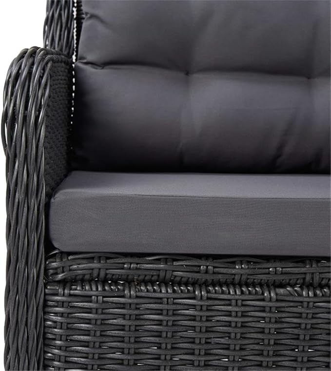 BOWERY HILL 9-Piece Solid Acacia Wood Patio Dining Set, Rectangular Table with Black/Dark Gray Polyethylene Rattan Chairs, Weather-Resistant, Adjustable Backrests, Oiled Finish, Outdoor Garden or