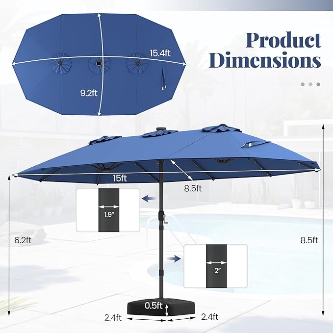 Tangkula 15FT Double-Sided Solar Patio Umbrella, Extra-Large Outdoor Twin Umbrella with 48 LED Lights, Vented Top, Crank Handle, 12 Ribs, Weighted Base Included for Backyard Poolside Deck (Navy)