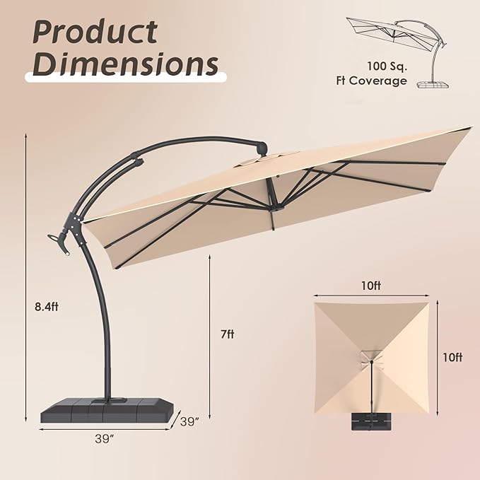 AECOJOY 10 Ft Cantilever Umbrella with Base Included, Large Square Aluminum Outdoor Cantilever Offset Patio Umbrellas w/ 360° Rotation, Infinite Tilt Adjustment for Pool, Garden, Desk, Beige