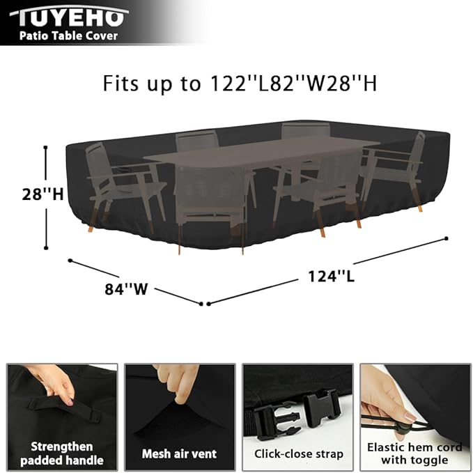 Tuyeho Patio Furniture Set Cover 124 x 84 x 28 inch, Durable Heavy Duty Oxford Fabric Outdoor Dining Set Cover, Waterproof & Weather Resistant, for Your Outdoor Rectangular Table and Chairs (Black)