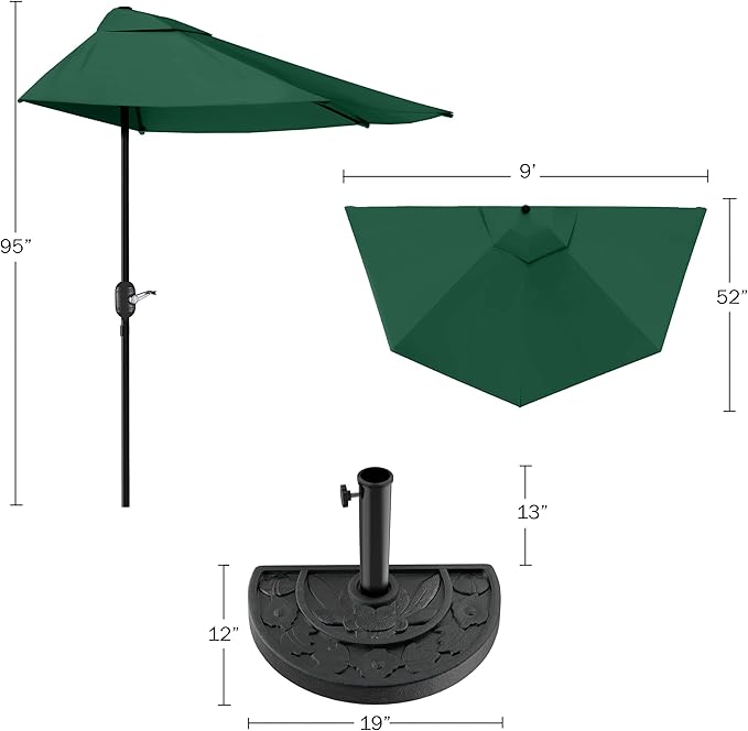 Half Umbrella Outdoor Patio Shade - 9 ft Patio Umbrella with Easy Crank and 20lb Weighted Base - Small Canopy for Balcony, Table, or Deck by Pure Garden (Dark Green)
