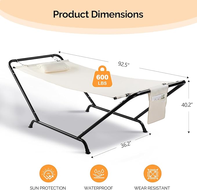 ONCLOUD Iron Hammock with Stand, Hammock Stand with Double-Layer Oxford Cloth Hammock, Portable Heavy-Duty Hammock for Outdoors, Garden, Patio, Yard, 550lbs (Beige)