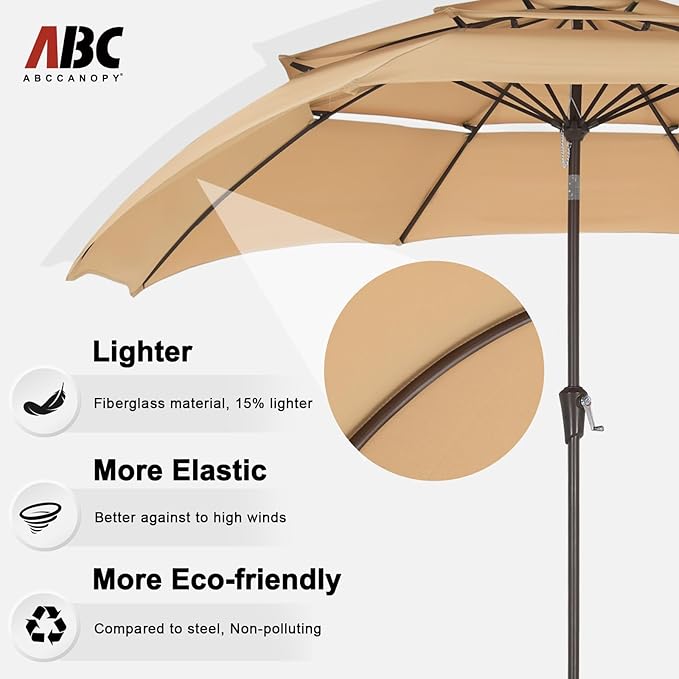 ABCCANOPY 10Ft 3 Tiers Market Umbrella, Outdoor Table Umbrella for Patio, Deck, Backyard (Khaki)