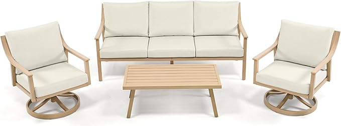 HAPPATIO 4-Piece Outdoor Patio Furniture Set for 5, Aluminum Outdoor Conversation Set Includes 1 Three-Seater Sofa, 2 Swivel Chairs, and 1 Coffee Table, Perfect for Porch, Deck, Garden, (Beige)