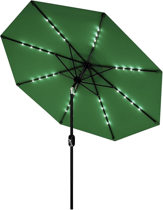 9FT Outdoor Patio Umbrella, 8 Ribs Market Table Umbrella with Solar Light & Tilt & Crank, UV-Resistant Waterproof for Pool, Deck, Backyard, Dark Green