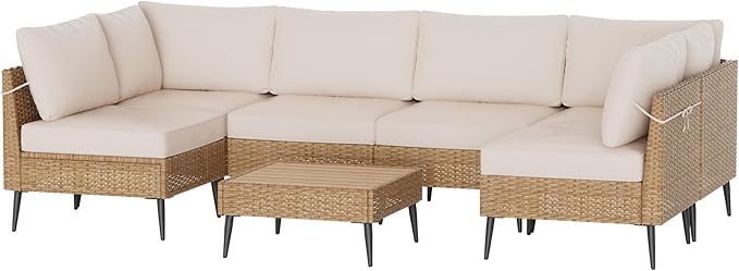 Outdoor Patio Furniture Set, 7 Piece Outdoor Sectional Sofa Wicker Patio Conversation Couch Set, All Weather PE Rattan Sofa with Table and Cushions for Garden, Poolside, Backyard (Beige)