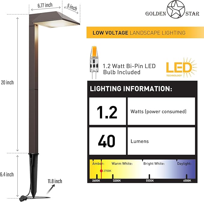 GOLDEN STAR Low Voltage Pathway Lights 1.2W Replaceable G4 LED 2PK Outdoor Landscape Lighting 40 Lumen Warm White Waterproof Garden Lights for Walkway Yard, Lawn Driveway with Easy Install Connectors