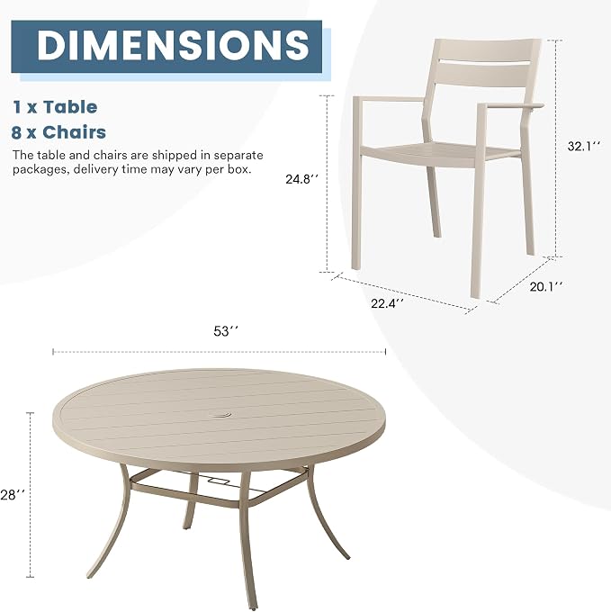 DIFY 9 Piece Outdoor Patio Dining Set for 8, Patio Table and Chairs Set with Umbrella Hole, 53" Round Dining Table and Stackable Metal Chairs for Backyard Garden Poolside, Sandshell