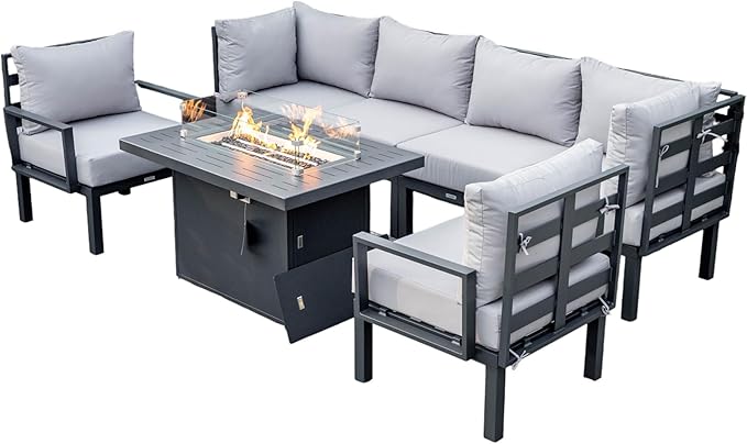 LeisureMod 7-Piece Outdoor Patio Conversation Set with Aluminum Sectional & Cushions, Propane Fire Pit Table with Black Stones, Wind Glass & Lid, Light Grey