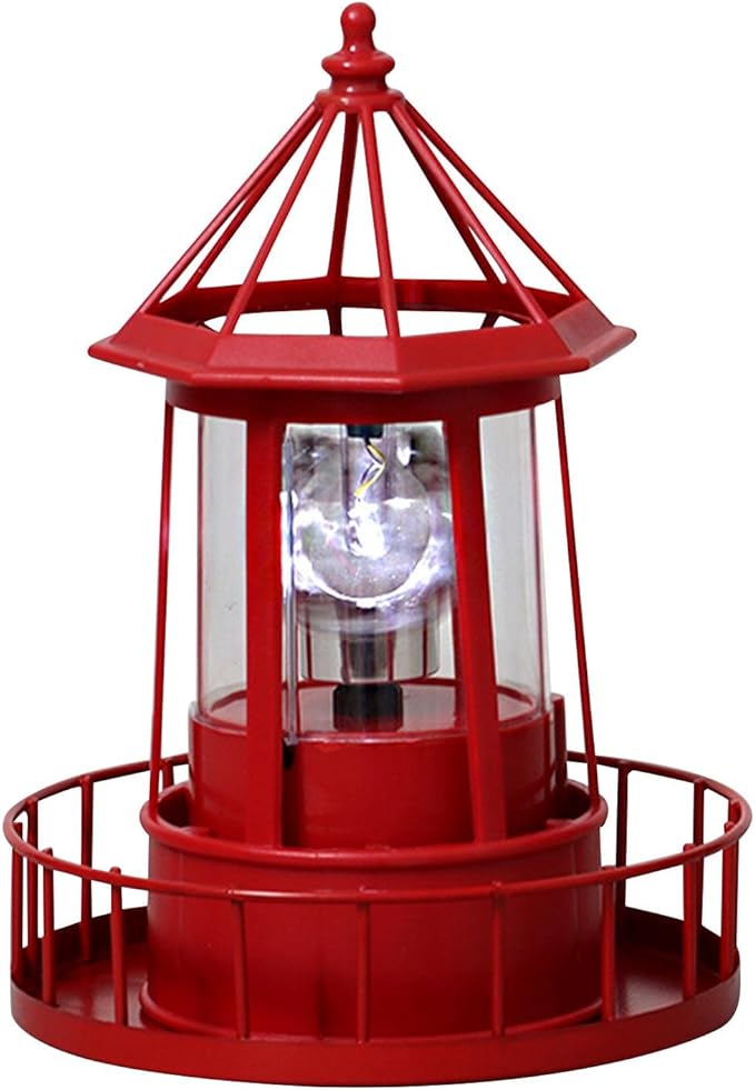 Solar Lighthouse Rotating Light with 360° Beacon, IP65 Waterproof Outdoor LED Decor for Garden, Yard, Pathway & Patio - Solar-Powered Lawn Statue Lamp for Balcony & Fence Decoration(Color:Red)