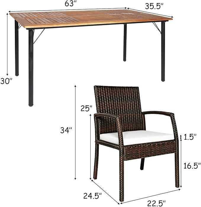 COSTWAY 7-Piece Outdoor Patio Furniture Set, Rattan Dining Table & Chairs with Cushions, Umbrella Hole & Tempered Glass Tabletop, Modern Garden Rattan Set for Backyard, Poolside, Balcony (White)